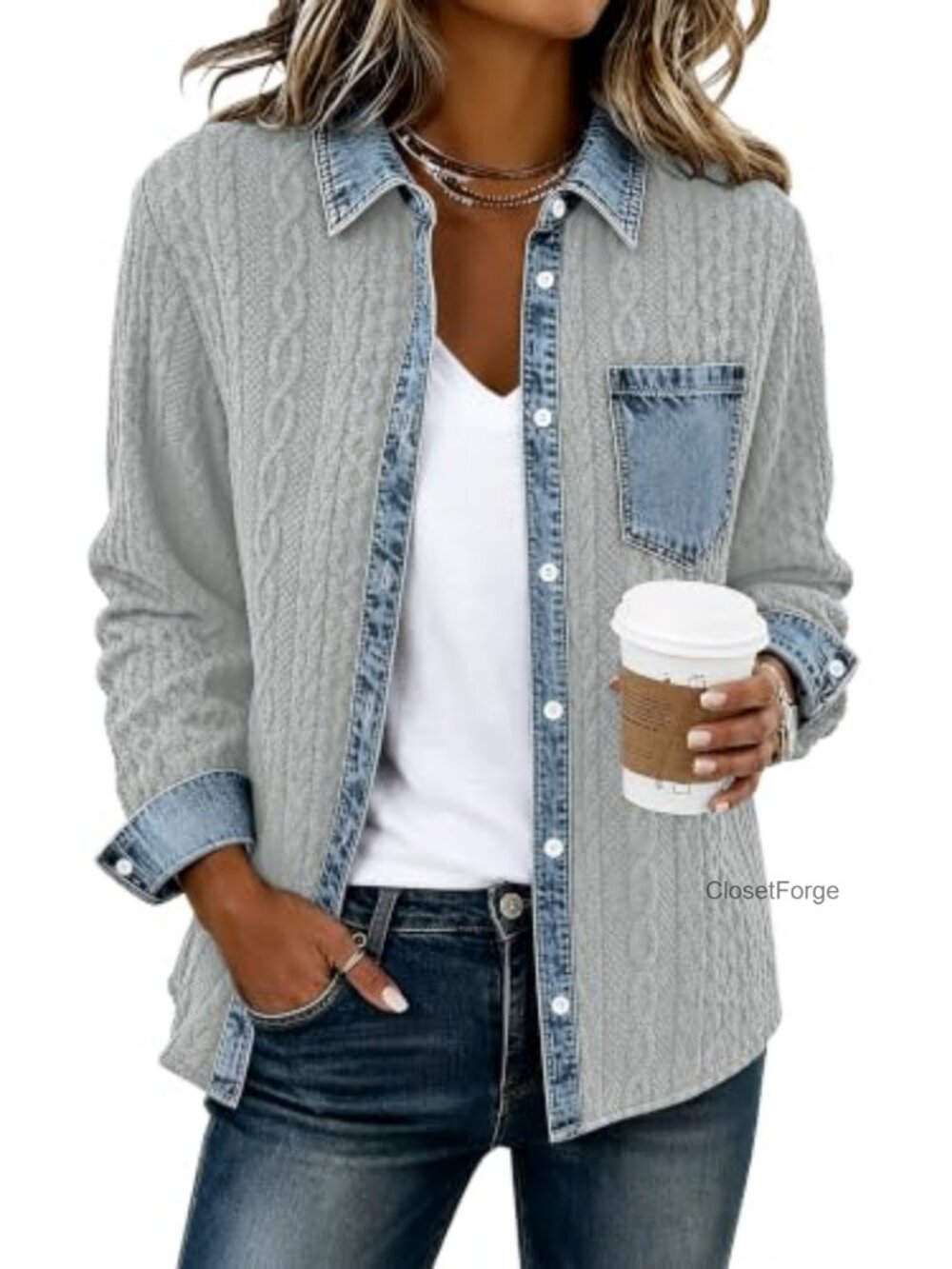 Womens Denim Patchwork Shacket Button Down Loose Jacket